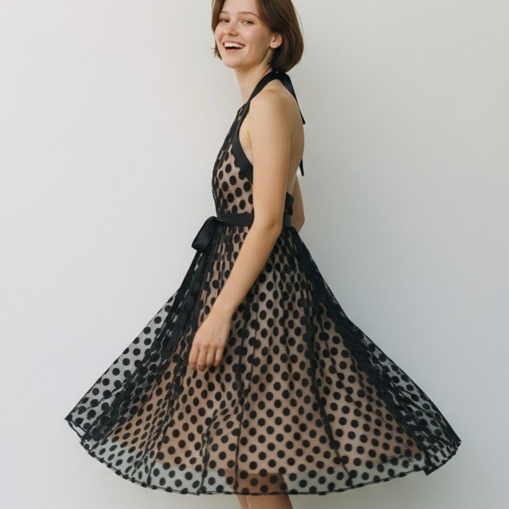 Maggy L Dress Sz 4‎ Black Polka Dot Halter Sheer Lined Mesh Tie Waist Party NWT